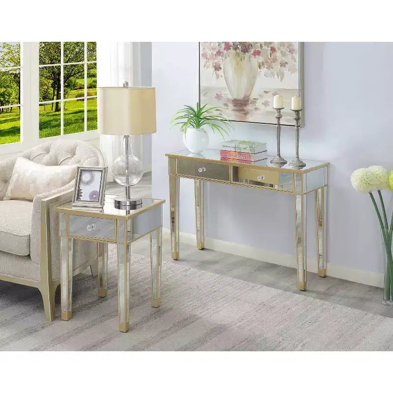 HomeStock Belmont Mirrored End Table with Drawer and Faux Crystal Knob, Elegant Accent Table with Fir Wood Base and Concealed Storage