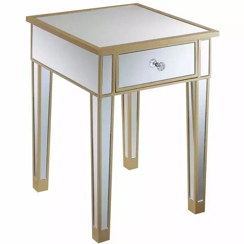 Tavolino finale HomeStock Belmont con specchio, cassetto e pomello in finto cristallo, elegante tavolino d'accento con base in legno di abete e vano contenitore a scomparsa