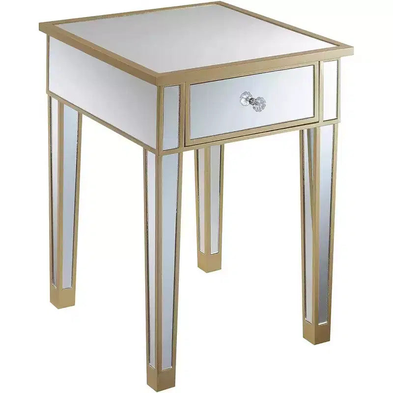 Tavolino finale HomeStock Belmont con specchio, cassetto e pomello in finto cristallo, elegante tavolino d'accento con base in legno di abete e vano contenitore a scomparsa