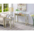 Tavolino finale HomeStock Belmont con specchio, cassetto e pomello in finto cristallo, elegante tavolino d'accento con base in legno di abete e vano contenitore a scomparsa