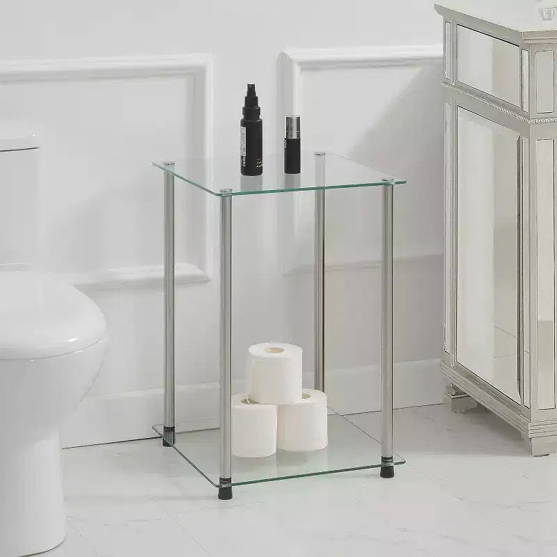 HomeStock Belmont Tavolino d'Appoggio Quadrato a 2 Livelli in Vetro, Tavolino Moderno con Ripiani in Vetro Temperato e Struttura in Acciaio Inox