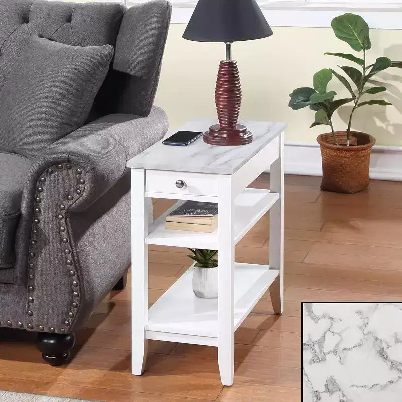 HomeStock Belmont Tavolino laterale con cassetto e ripiani aperti, Elegante tavolino d'appoggio transizionale per riporre e mostrare oggetti in casa