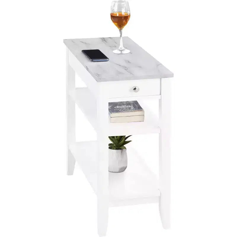 HomeStock Belmont Tavolino laterale con cassetto e ripiani aperti, Elegante tavolino d'appoggio transizionale per riporre e mostrare oggetti in casa