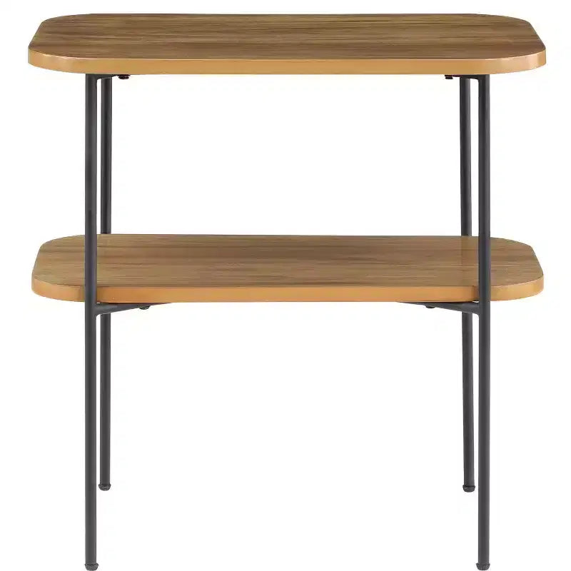 HomeStock Belmont Tavolino laterale con ripiano, mobile d'accento retrò glamour, gambe in metallo a forcina, ripiani a due livelli in MDF, finitura in impiallacciatura di betulla