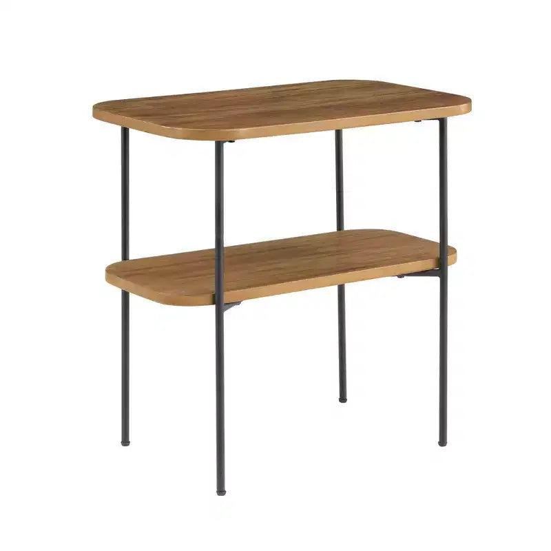 HomeStock Belmont Tavolino laterale con ripiano, mobile d'accento retrò glamour, gambe in metallo a forcina, ripiani a due livelli in MDF, finitura in impiallacciatura di betulla
