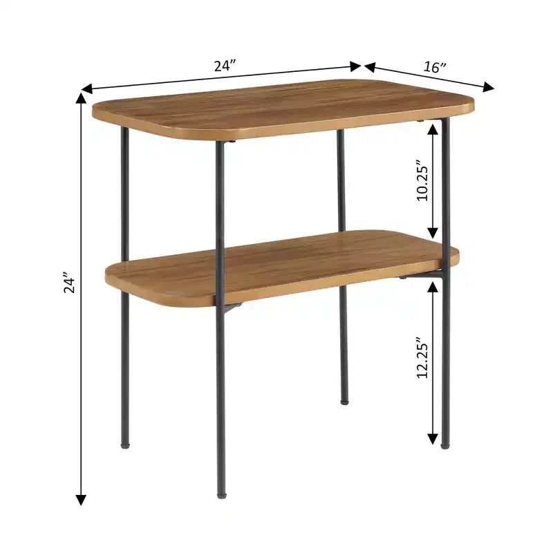 HomeStock Belmont Tavolino laterale con ripiano, mobile d'accento retrò glamour, gambe in metallo a forcina, ripiani a due livelli in MDF, finitura in impiallacciatura di betulla