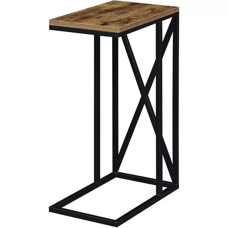 Tavolino Belmont C di HomeStock con design moderno a C, piano in truciolato e base in metallo per snack, bevande o laptop