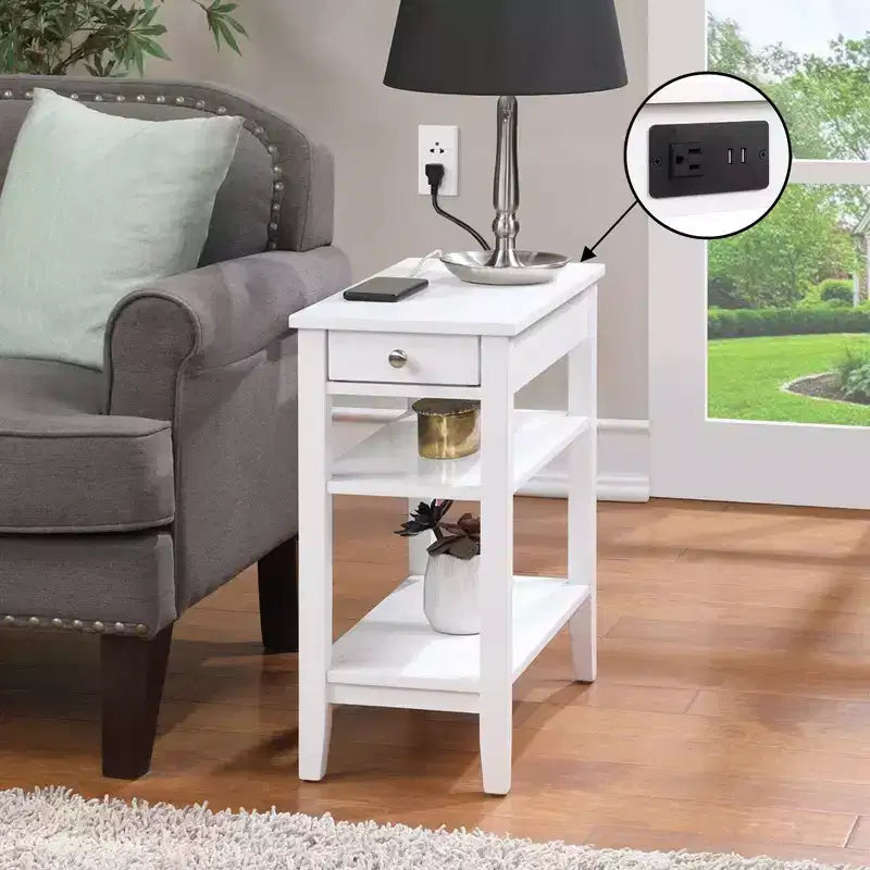 HomeStock Belmont Tavolino laterale con cassetto scorrevole, porte USB, presa di corrente e scaffali, Tavolino da salotto contemporaneo con contenitore
