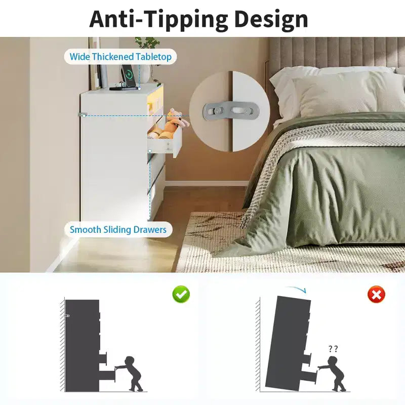 COZONY Cassettiera moderna a 6 cassetti con illuminazione ambientale, mobile contenitore con presa elettrica, cassettiera galleggiante per camera da letto