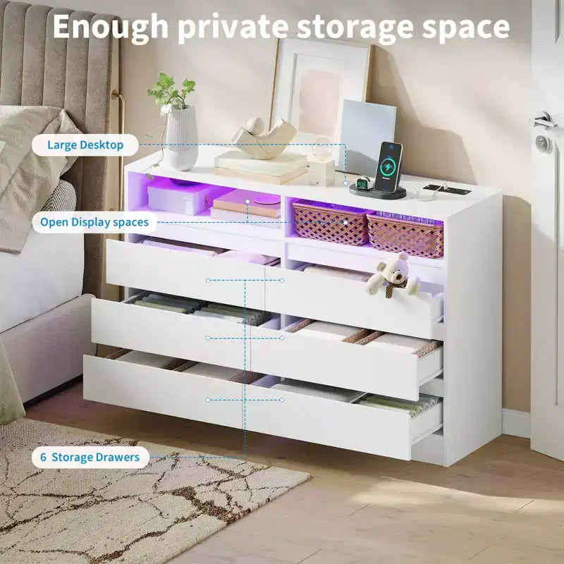 COZONY Cassettiera moderna a 6 cassetti con illuminazione ambientale, mobile contenitore con presa elettrica, cassettiera galleggiante per camera da letto