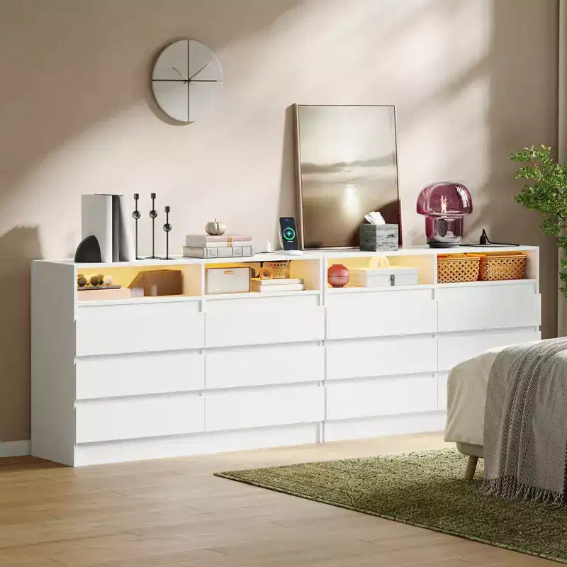 COZONY Cassettiera moderna a 6 cassetti con illuminazione ambientale, mobile contenitore con presa elettrica, cassettiera galleggiante per camera da letto