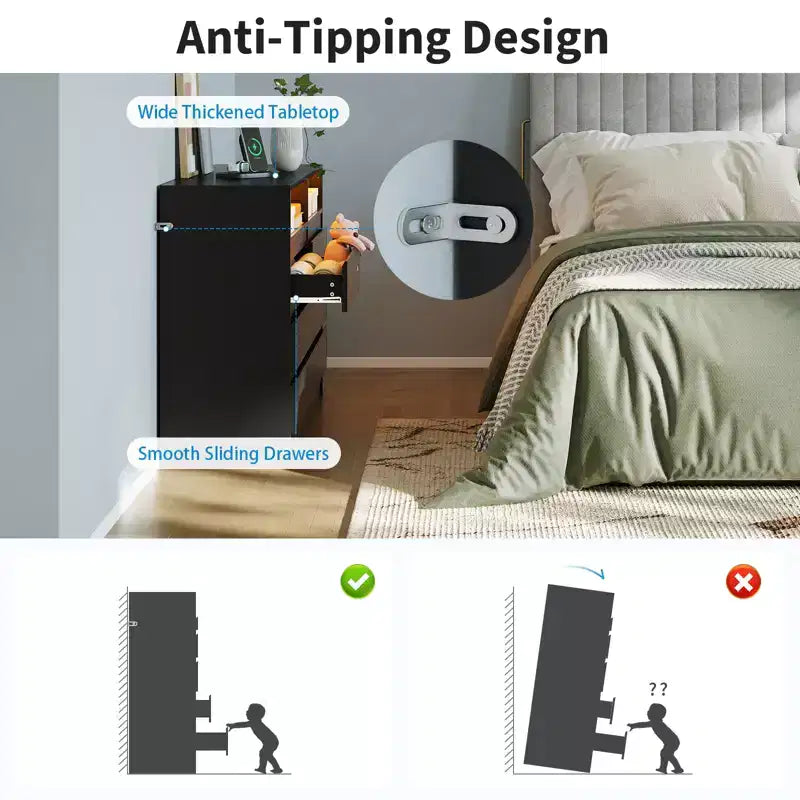 COZONY Cassettiera moderna a 6 cassetti con illuminazione ambientale, mobile contenitore con presa elettrica, cassettiera galleggiante per camera da letto