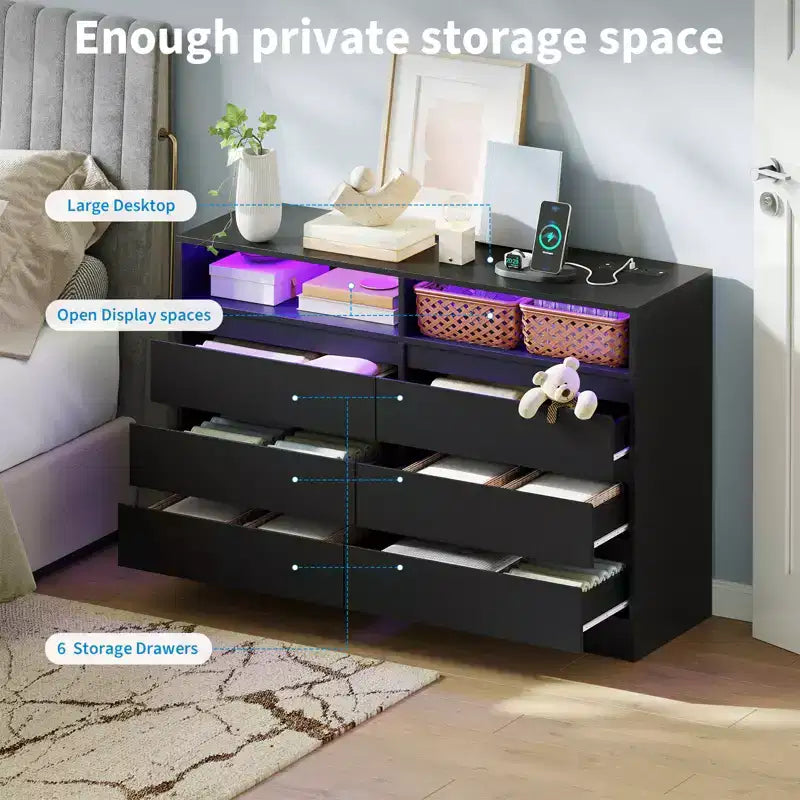 COZONY Cassettiera moderna a 6 cassetti con illuminazione ambientale, mobile contenitore con presa elettrica, cassettiera galleggiante per camera da letto