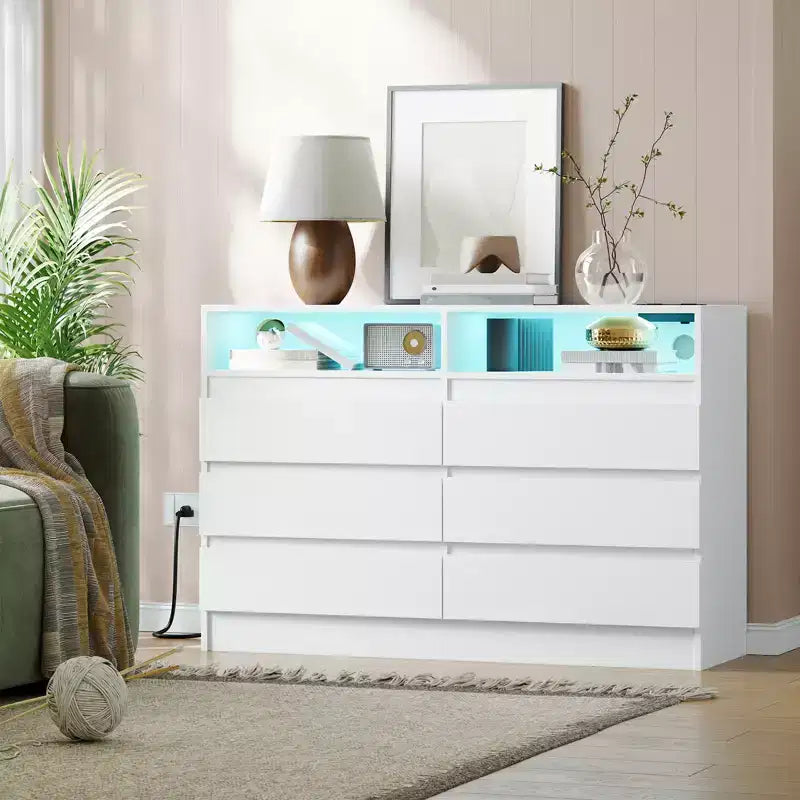 COZONY Cassettiera moderna a 6 cassetti con illuminazione ambientale, mobile contenitore con presa elettrica, cassettiera galleggiante per camera da letto