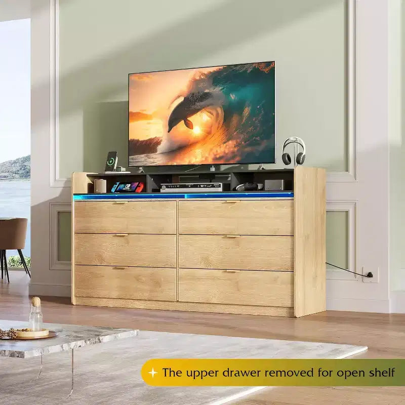 GALAXHERO Cassettiera a 9 cassetti da 148 cm con LED - con prese di corrente, ripiani aperti e compatibilità con TV da 65 pollici per camera da letto/soggiorno/cabina armadio