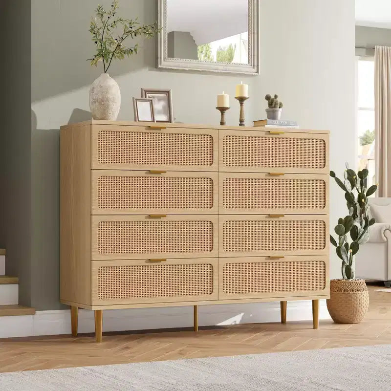 Cassettiera a 8 cassetti in rattan per camera da letto, comò in legno da 120 cm con maniglie in metallo, porta TV/comò in legno, organizer per vestiti per camera da letto
