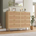 Cassettiera a 8 cassetti in rattan per camera da letto, comò in legno da 120 cm con maniglie in metallo, porta TV/comò in legno, organizer per vestiti per camera da letto