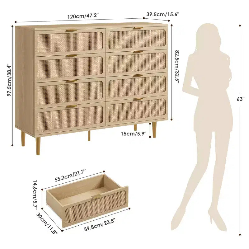 Cassettiera a 8 cassetti in rattan per camera da letto, comò in legno da 120 cm con maniglie in metallo, porta TV/comò in legno, organizer per vestiti per camera da letto
