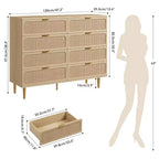 Cassettiera a 8 cassetti in rattan per camera da letto, comò in legno da 120 cm con maniglie in metallo, porta TV/comò in legno, organizer per vestiti per camera da letto