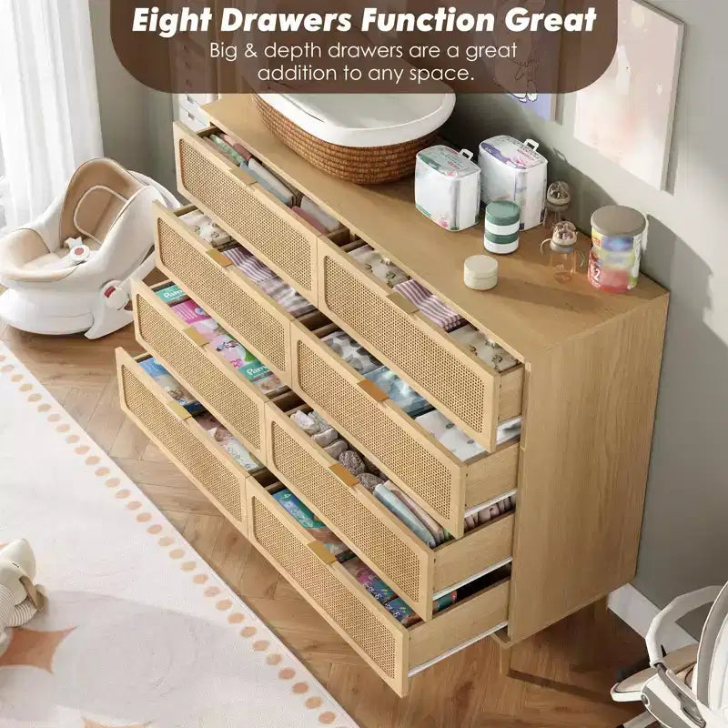 Cassettiera a 8 cassetti in rattan per camera da letto, comò in legno da 120 cm con maniglie in metallo, porta TV/comò in legno, organizer per vestiti per camera da letto
