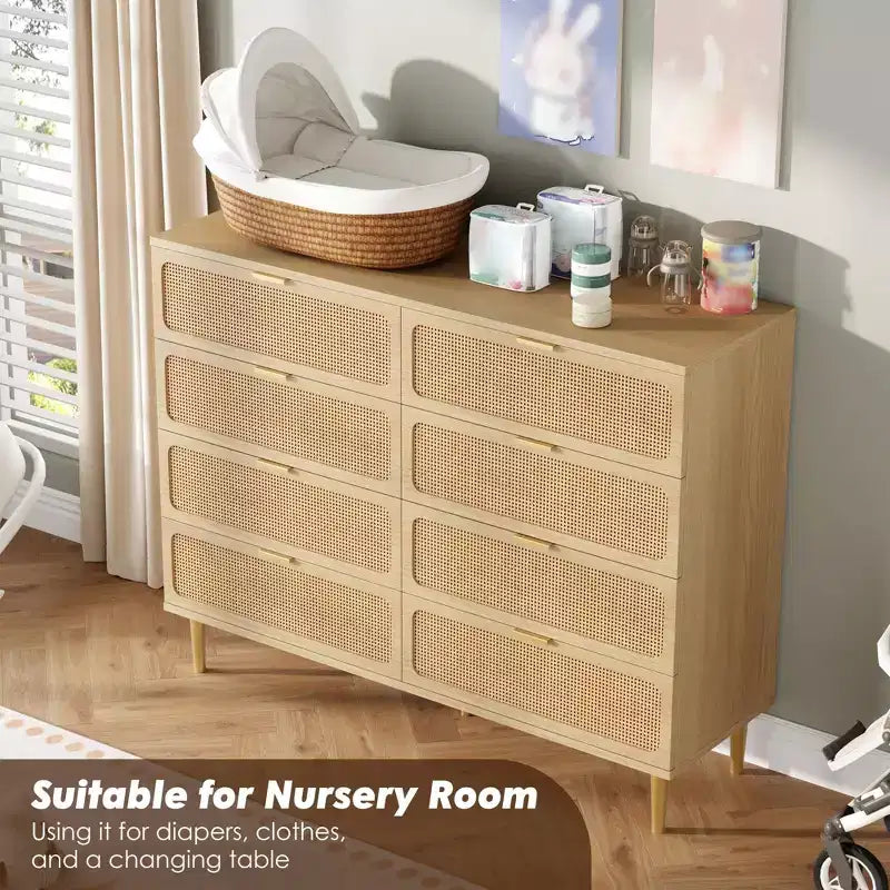 Cassettiera a 8 cassetti in rattan per camera da letto, comò in legno da 120 cm con maniglie in metallo, porta TV/comò in legno, organizer per vestiti per camera da letto