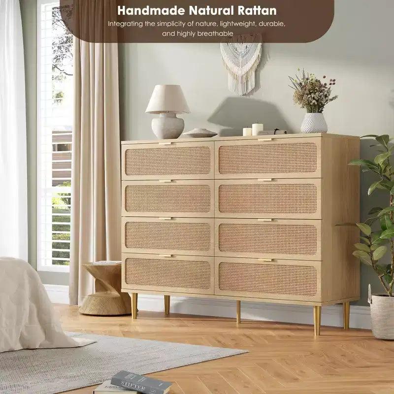 Cassettiera a 8 cassetti in rattan per camera da letto, comò in legno da 120 cm con maniglie in metallo, porta TV/comò in legno, organizer per vestiti per camera da letto