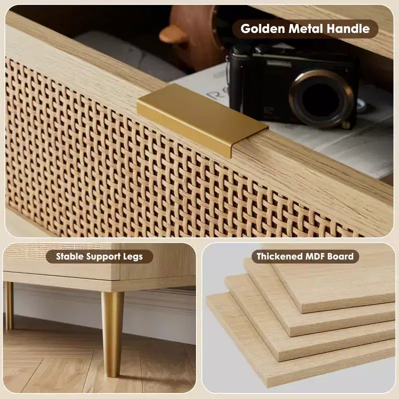 Cassettiera a 8 cassetti in rattan per camera da letto, comò in legno da 120 cm con maniglie in metallo, porta TV/comò in legno, organizer per vestiti per camera da letto