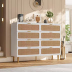 Cassettiera a 8 cassetti in rattan per camera da letto, comò in legno da 120 cm con maniglie in metallo, porta TV/comò in legno, organizer per vestiti per camera da letto