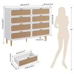 Cassettiera a 8 cassetti in rattan per camera da letto, comò in legno da 120 cm con maniglie in metallo, porta TV/comò in legno, organizer per vestiti per camera da letto