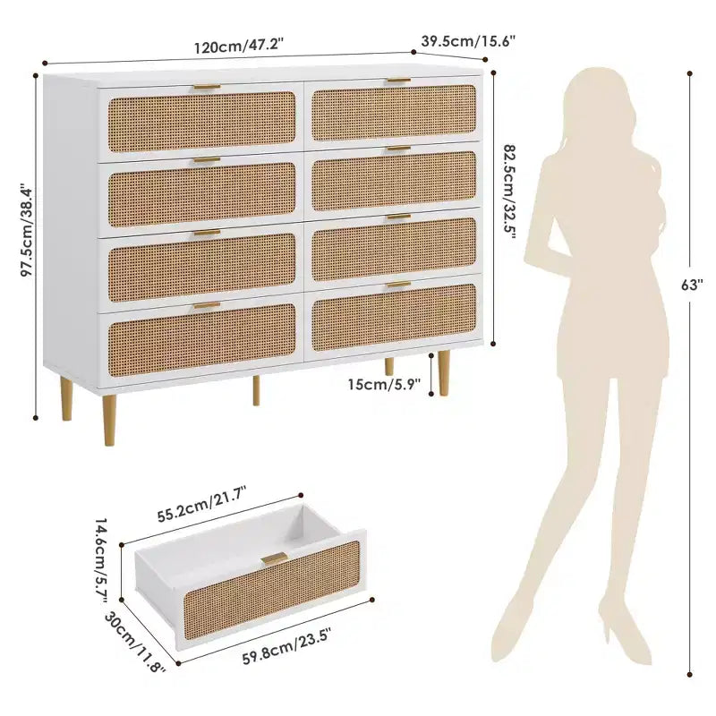 Cassettiera a 8 cassetti in rattan per camera da letto, comò in legno da 120 cm con maniglie in metallo, porta TV/comò in legno, organizer per vestiti per camera da letto