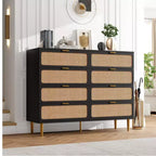 Cassettiera a 8 cassetti in rattan per camera da letto, comò in legno da 120 cm con maniglie in metallo, porta TV/comò in legno, organizer per vestiti per camera da letto