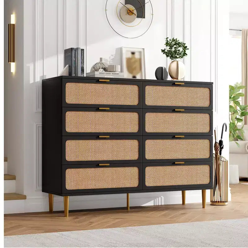 Cassettiera a 8 cassetti in rattan per camera da letto, comò in legno da 120 cm con maniglie in metallo, porta TV/comò in legno, organizer per vestiti per camera da letto