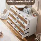 Cassettiera a 8 cassetti in rattan per camera da letto, comò in legno da 120 cm con maniglie in metallo, porta TV/comò in legno, organizer per vestiti per camera da letto