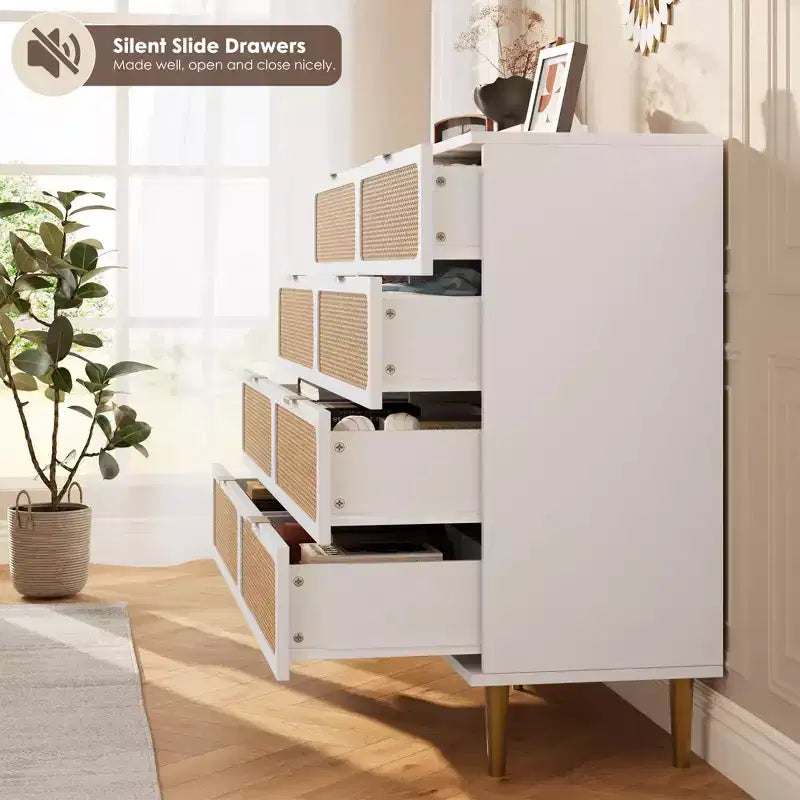 Cassettiera a 8 cassetti in rattan per camera da letto, comò in legno da 120 cm con maniglie in metallo, porta TV/comò in legno, organizer per vestiti per camera da letto