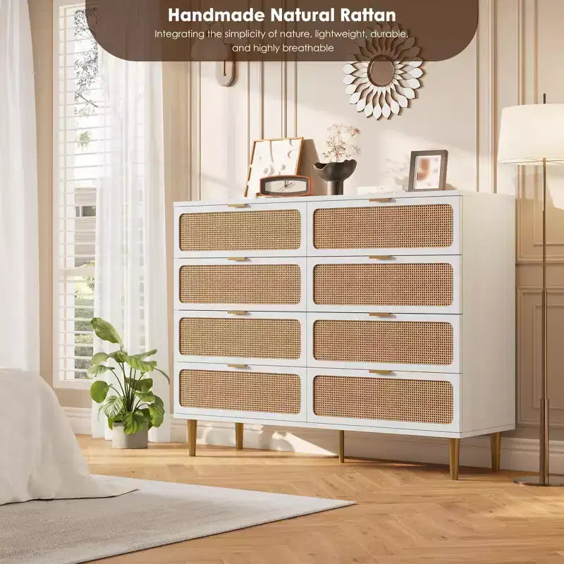 Cassettiera a 8 cassetti in rattan per camera da letto, comò in legno da 120 cm con maniglie in metallo, porta TV/comò in legno, organizer per vestiti per camera da letto