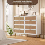 Cassettiera a 8 cassetti in rattan per camera da letto, comò in legno da 120 cm con maniglie in metallo, porta TV/comò in legno, organizer per vestiti per camera da letto