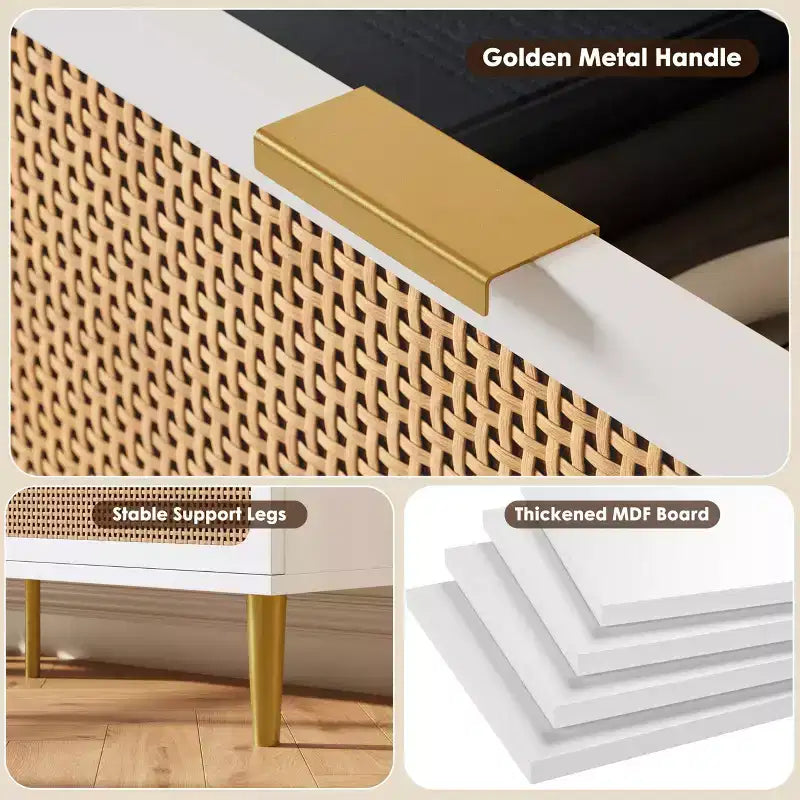 Cassettiera a 8 cassetti in rattan per camera da letto, comò in legno da 120 cm con maniglie in metallo, porta TV/comò in legno, organizer per vestiti per camera da letto