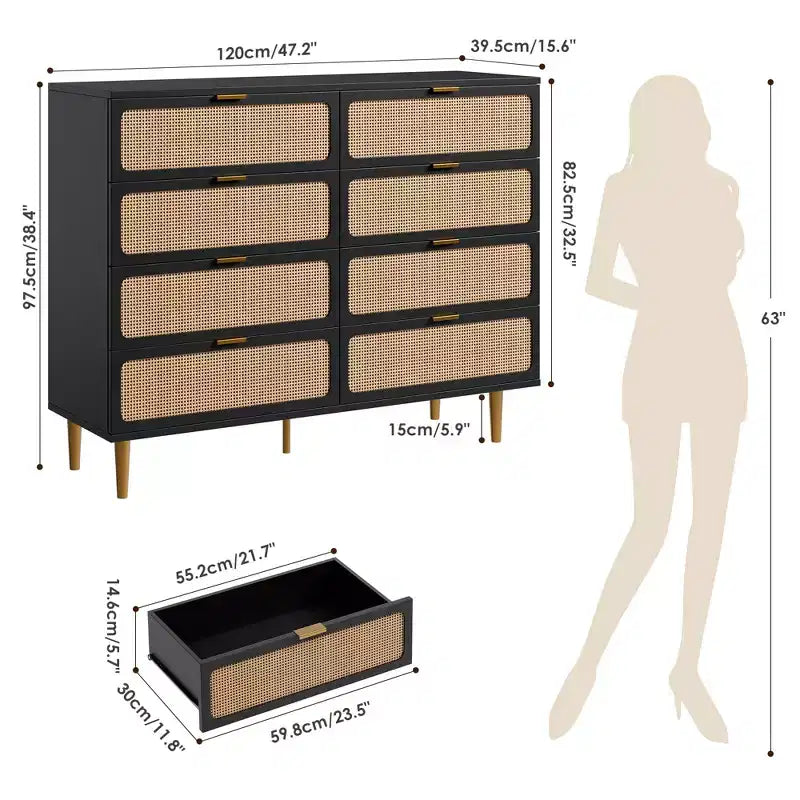 Cassettiera a 8 cassetti in rattan per camera da letto, comò in legno da 120 cm con maniglie in metallo, porta TV/comò in legno, organizer per vestiti per camera da letto