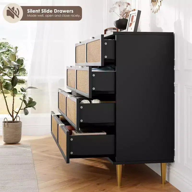 Cassettiera a 8 cassetti in rattan per camera da letto, comò in legno da 120 cm con maniglie in metallo, porta TV/comò in legno, organizer per vestiti per camera da letto