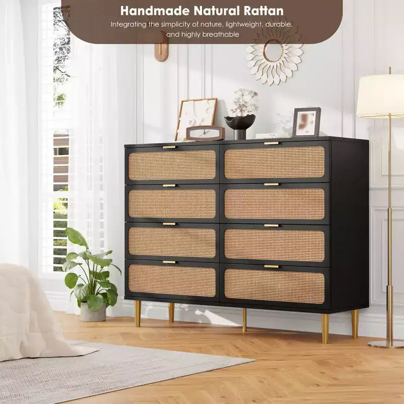 Cassettiera a 8 cassetti in rattan per camera da letto, comò in legno da 120 cm con maniglie in metallo, porta TV/comò in legno, organizer per vestiti per camera da letto