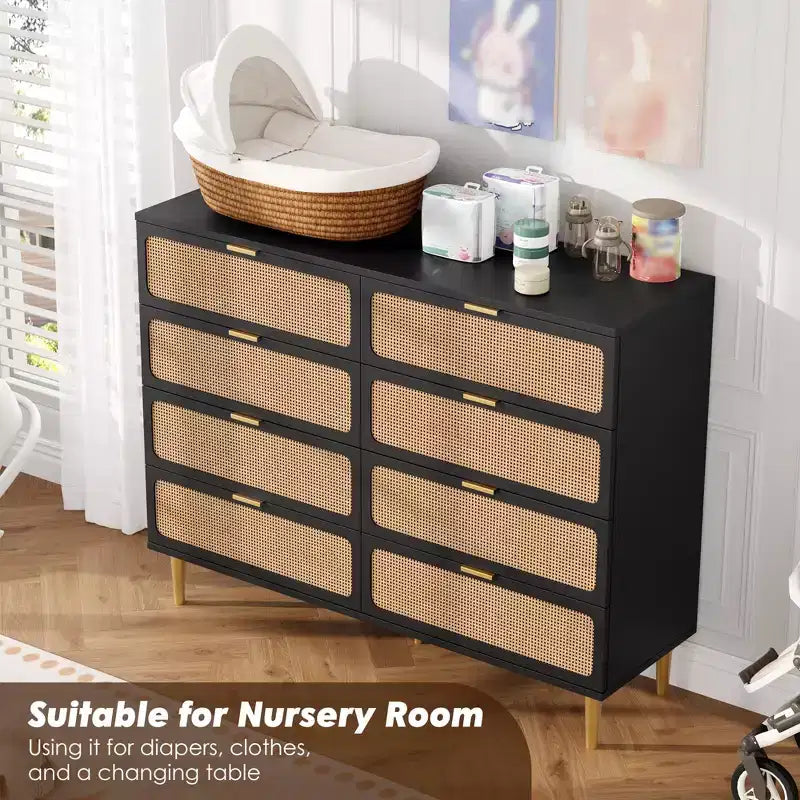 Cassettiera a 8 cassetti in rattan per camera da letto, comò in legno da 120 cm con maniglie in metallo, porta TV/comò in legno, organizer per vestiti per camera da letto