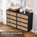 Cassettiera a 8 cassetti in rattan per camera da letto, comò in legno da 120 cm con maniglie in metallo, porta TV/comò in legno, organizer per vestiti per camera da letto