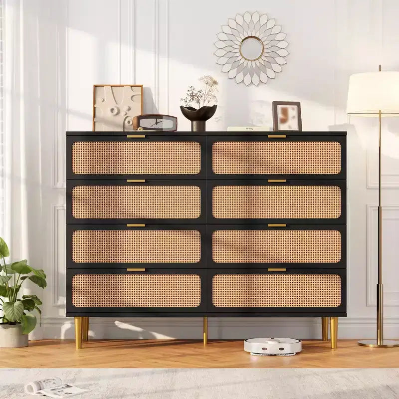 Rattan 8 Drawer Dresser for Bedroom, 47W Wooden Chest of Drawers with Metal Handles, Wooden Dresser TV Stand, Clothes Storage Organizer for Bedroom