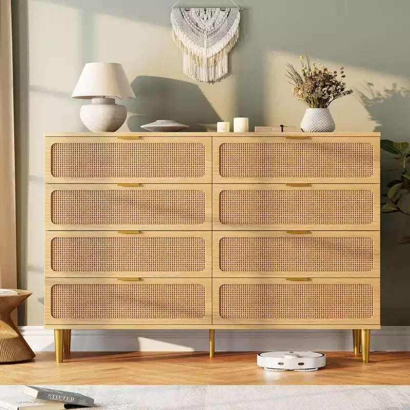 Cassettiera a 8 cassetti in rattan per camera da letto, comò in legno da 120 cm con maniglie in metallo, porta TV/comò in legno, organizer per vestiti per camera da letto