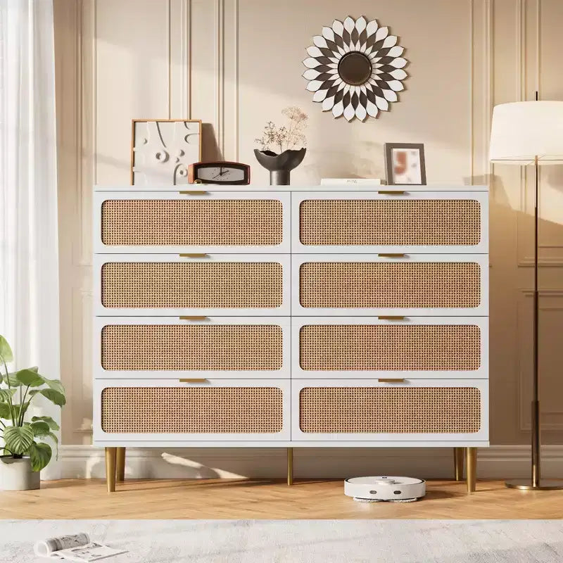 Cassettiera a 8 cassetti in rattan per camera da letto, comò in legno da 120 cm con maniglie in metallo, porta TV/comò in legno, organizer per vestiti per camera da letto