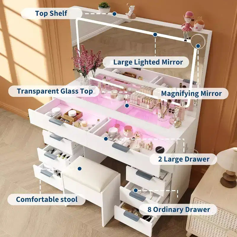Acekool Tavolo da trucco con luci e specchio, toeletta in vetro con sgabello, prese e 10 cassetti