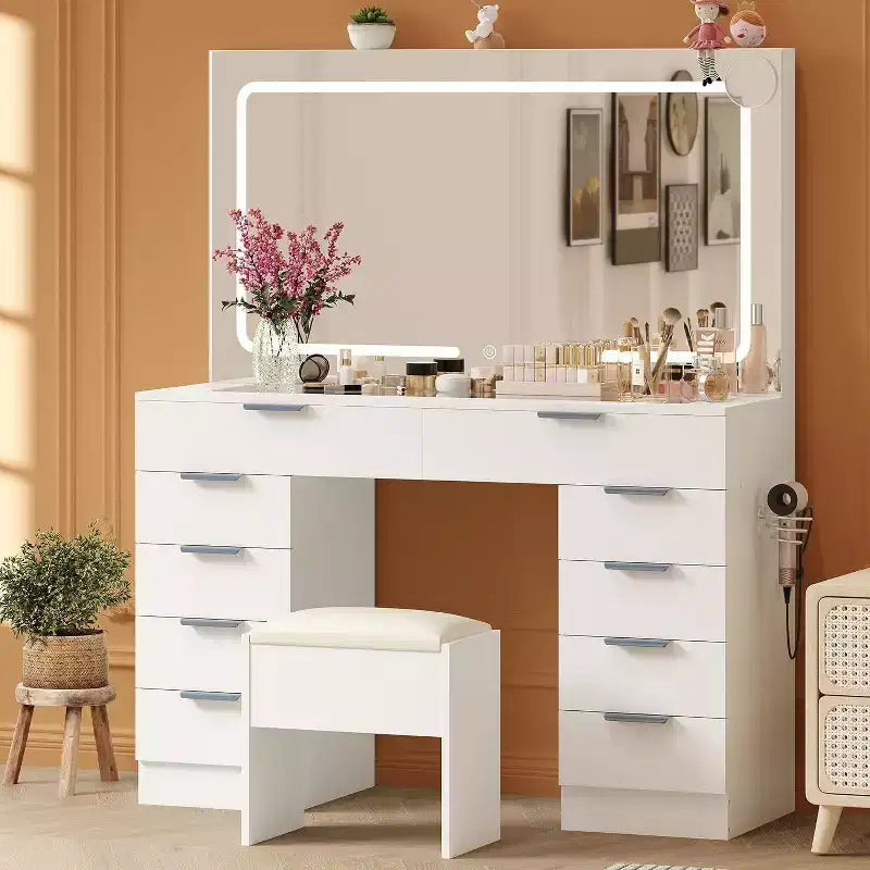 Acekool Tavolo da trucco con luci e specchio, toeletta in vetro con sgabello, prese e 10 cassetti