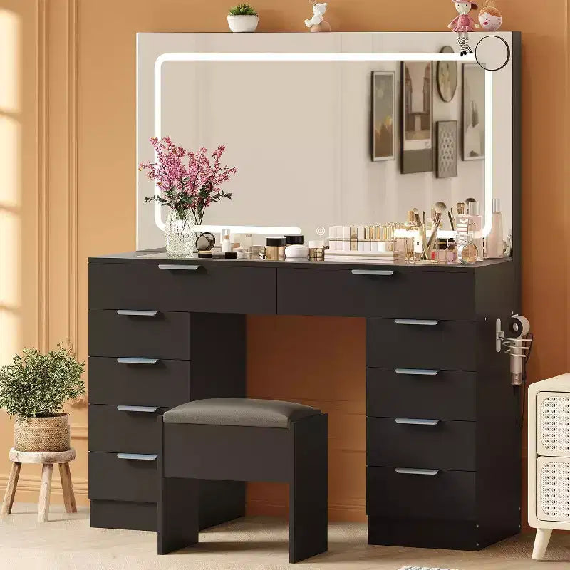 Acekool Tavolo da trucco con luci e specchio, toeletta in vetro con sgabello, prese e 10 cassetti