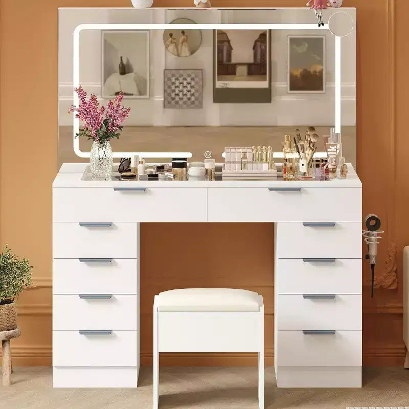 Acekool Tavolo da trucco con luci e specchio, toeletta in vetro con sgabello, prese e 10 cassetti