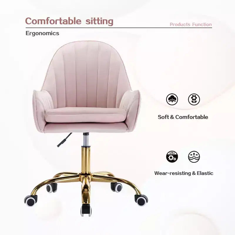 Sedia da ufficio Okak Velvet, simpatica sedia da scrivania con base in metallo dorato, sedia da toeletta per soggiorno, sala trucco, studio, rosa